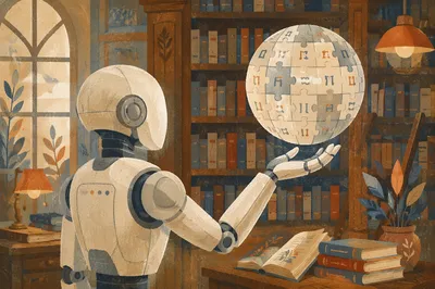 AI Robot Balancing Puzzle Globe in Old Library