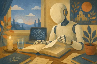 Humanoid Robot Reading Book at Dawn
