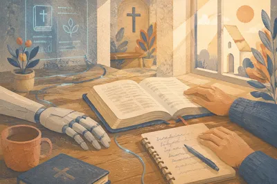 Robot and Human Hands Beside Open Book