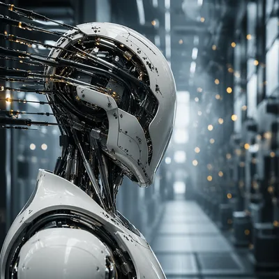 Humanoid AI Robot in Futuristic Research Corridor