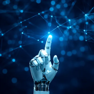 Robotic Hand Touching Futuristic Digital Network