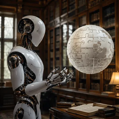 Humanoid Robot Studying AI Knowledge Globe