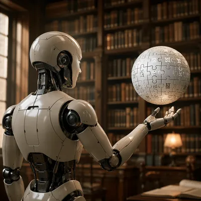 Humanoid Robot Balancing Puzzle Globe in Library
