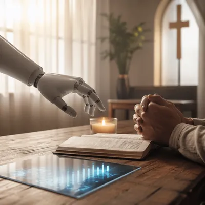 Robot Hand Beside Praying Hands in Prayer Room