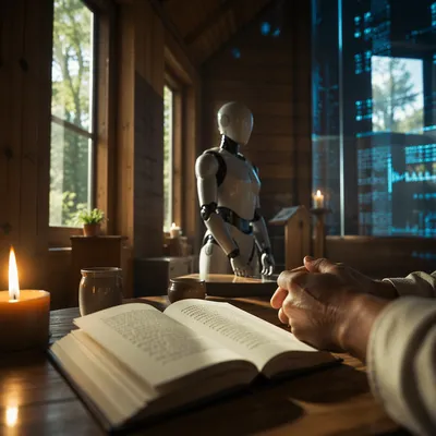 Humanoid Robot in Contemplative Chapel Tech Room