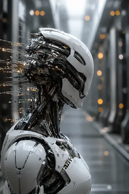 Futuristic AI Robot in Research Corridor