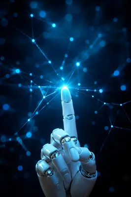 Robotic Hand Touching Futuristic Digital Network