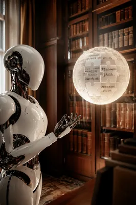 Humanoid AI Robot in Warm Library