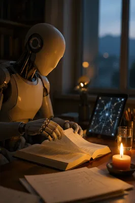Humanoid Robot Reading Book at Dawn