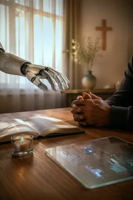 Robot Hand Beside Praying Hands in Prayer Room