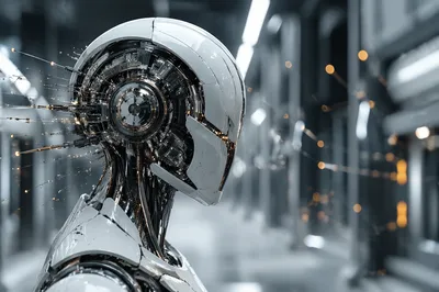 Humanoid AI Robot in Futuristic Research Corridor