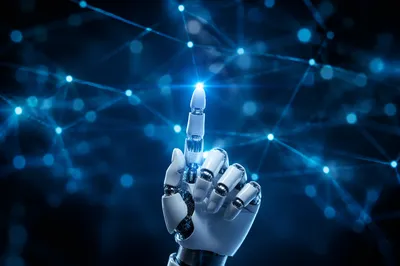 Robotic Hand Touching Digital Future Interface