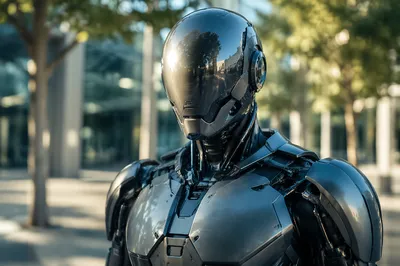 Humanoid AI Robot in Futuristic Plaza