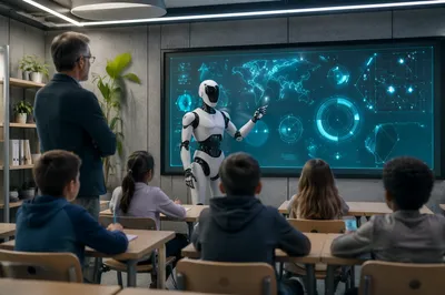 Futuristic Robot Classroom With Digital Learning Board