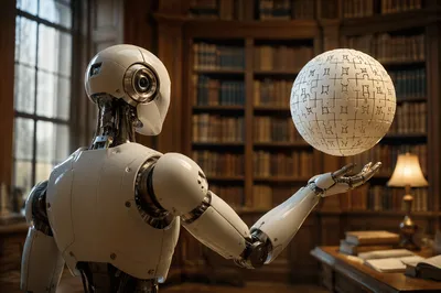 Humanoid Robot Holding Futuristic Puzzle Globe