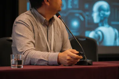 AI Conference Panelist With Future Technology Display
