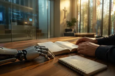 Humanoid Robot and Human Hands at Table