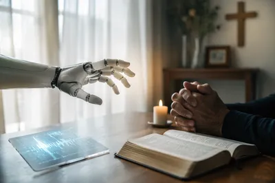 Robot Hand Beside Praying Hands in Prayer Room