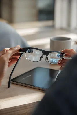 Hands Adjusting AR Glasses at Workstation