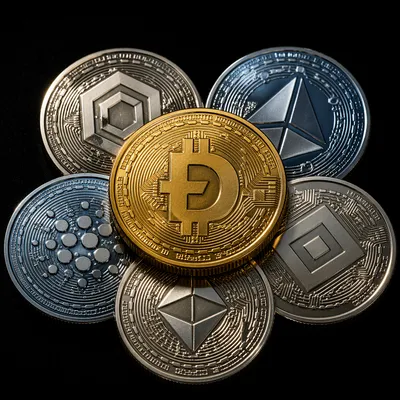 Golden Cryptocurrency Coins on Black Background