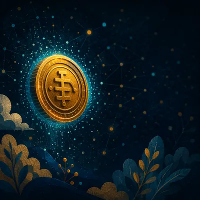 Glowing Golden Cryptocurrency Coin with Blockchain Particles
