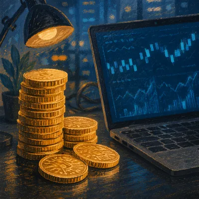 Golden Cryptocurrency Coins on Tech Desk