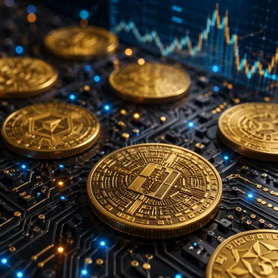 Golden Cryptocurrency Coins on Circuit Board