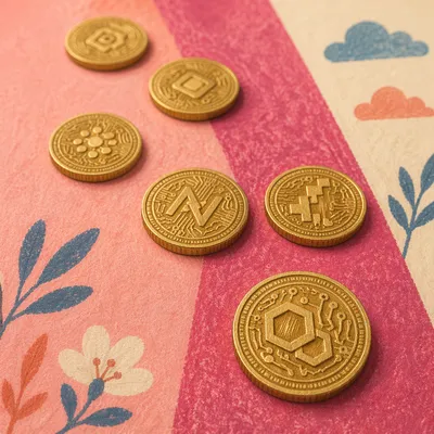 Golden Cryptocurrency Coins on Pink Tabletop