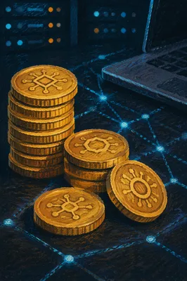 Golden Cryptocurrency Coins in Digital Workspace