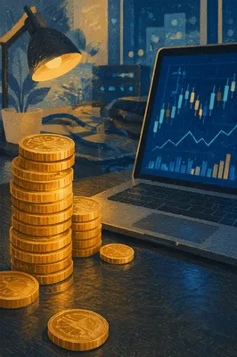 Golden Cryptocurrency Coins on Modern Desk