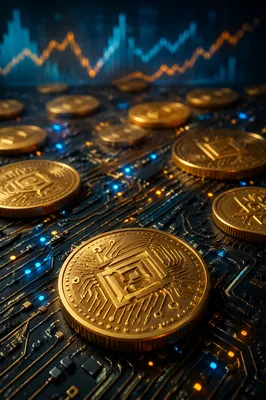 Golden Cryptocurrency Coins on Circuit Board