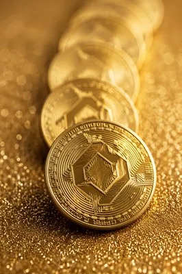 Golden Cryptocurrency Coins on Glitter Surface