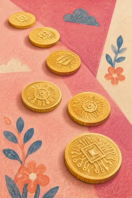 Golden Cryptocurrency Tokens on Pink Tabletop