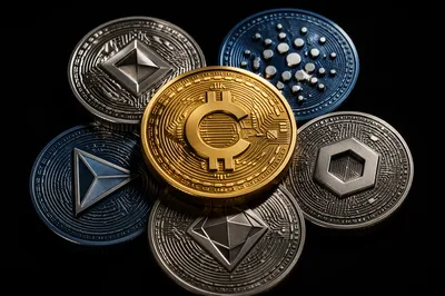 Golden Cryptocurrency Coins on Black Background