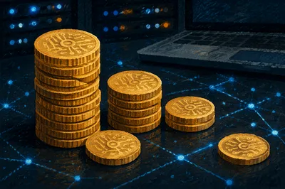 Golden Cryptocurrency Coins in Digital Workspace