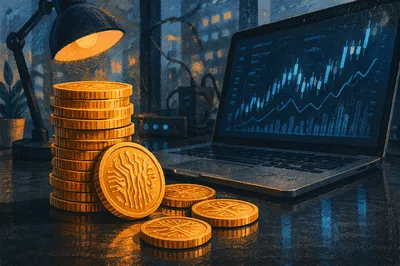 Golden Cryptocurrency Coins on Modern Desk