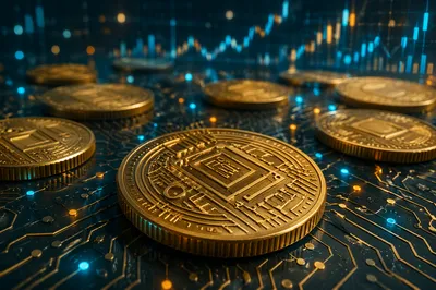 Golden Cryptocurrency Coins on Circuit Board