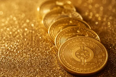 Golden Cryptocurrency Coins on Glitter Surface