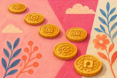 Golden Cryptocurrency Tokens on Pink Tabletop