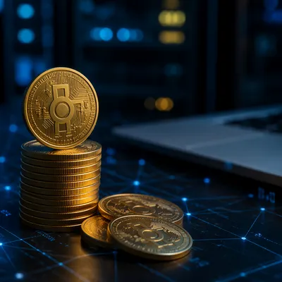 Golden Cryptocurrency Coins on Dark Tech Desk