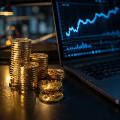 Golden Cryptocurrency Coins on Modern Desk