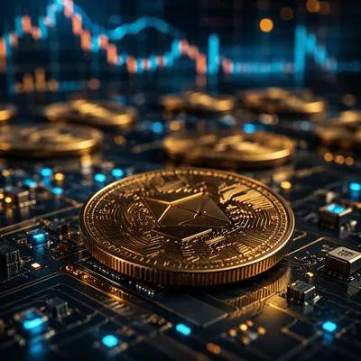 Golden Cryptocurrency Coins on Circuit Board