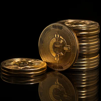 Golden Cryptocurrency Coins on Black Reflection