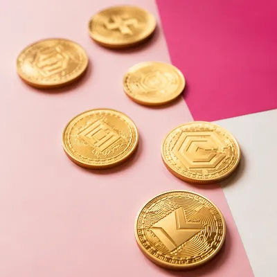 Golden Cryptocurrency Tokens on Pink Tabletop