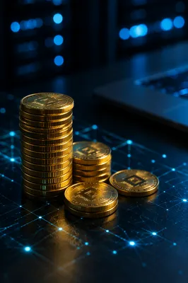 Golden Cryptocurrency Coins on Dark Tech Desk