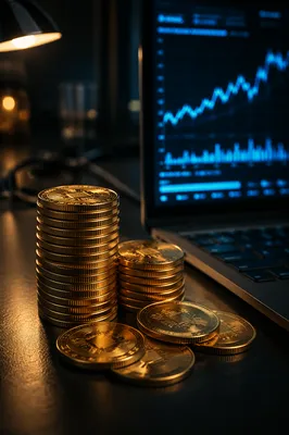 Golden Cryptocurrency Coins by Laptop Desk