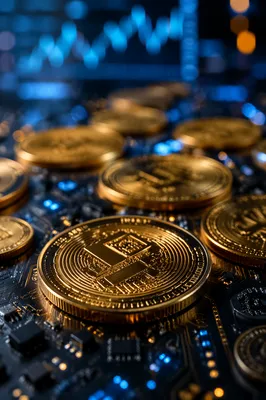 Golden Cryptocurrency Coins on Circuit Board