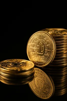 Golden Cryptocurrency Coins on Black Reflection