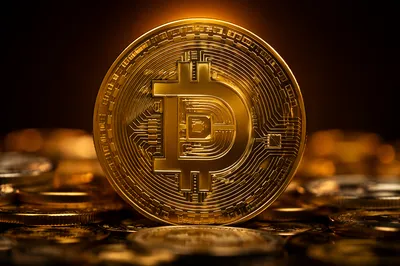 Golden Cryptocurrency Coin on Dark Reflective Surface