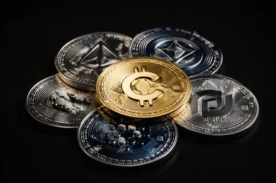 Golden Cryptocurrency Coins on Black Background